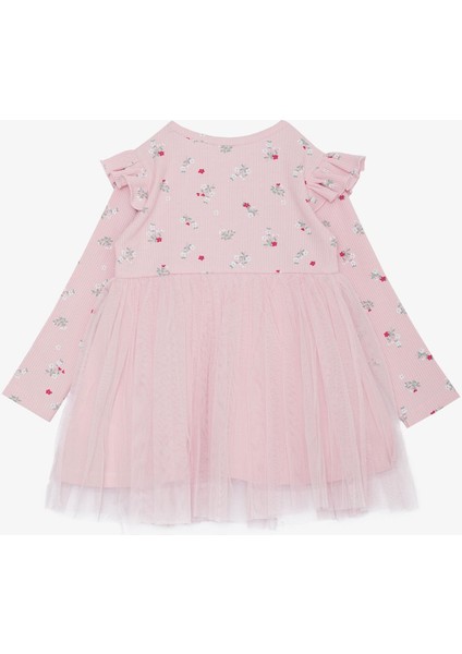 Kız Çocuk Uzun Kollu Elbise Çiçek Desenli Fırfırlı Fiyonklu 3-7 Yaş, Pembe fiyatları