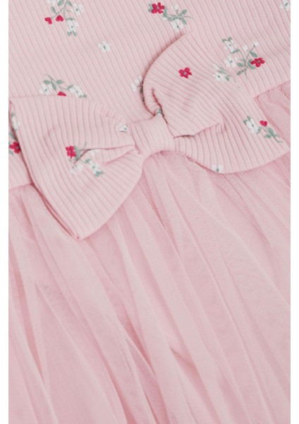 Kız Çocuk Uzun Kollu Elbise Çiçek Desenli Fırfırlı Fiyonklu 3-7 Yaş, Pembe fırsatları