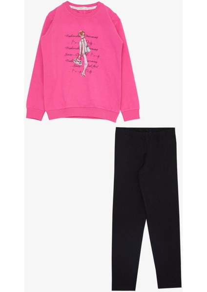 Kız Çocuk Taytlı Takım Moda Temalı Havalı Kız Baskılı 5-10 Yaş, Fuşya