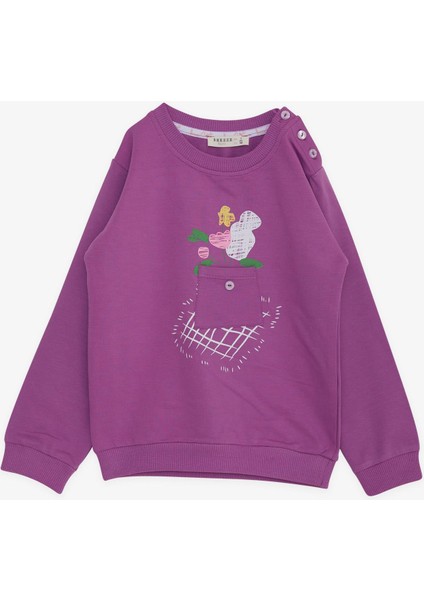 Kız Çocuk Sweatshirt Cepli Çiçek Baskılı 1-4 Yaş, Eflatun