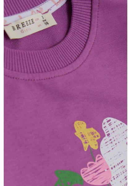 Kız Çocuk Sweatshirt Cepli Çiçek Baskılı 1-4 Yaş, Eflatun