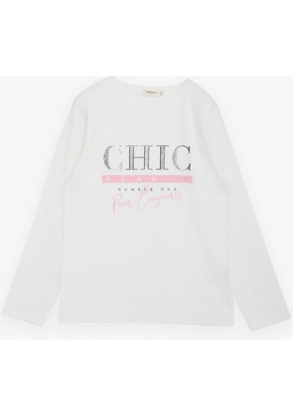 Kız Çocuk Uzun Kollu Tişört Simli Yazı Baskılı 9-14 Yaş, Ekru