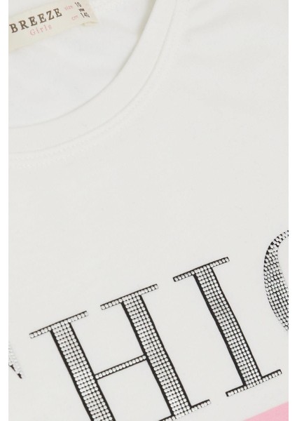 Kız Çocuk Uzun Kollu Tişört Simli Yazı Baskılı 9-14 Yaş, Ekru modelleri