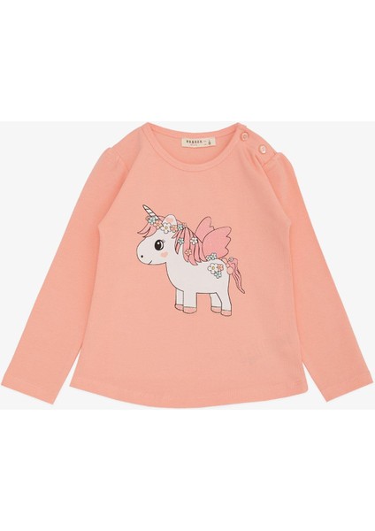 Kız Çocuk Uzun Kollu Tişört Unicorn Baskılı 1-4 Yaş, Somon fırsatları