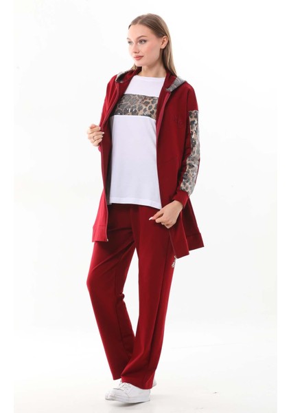 Kadın Leopar Pul Payet Detaylı Bordo Renk 3 Lü Spor Takım