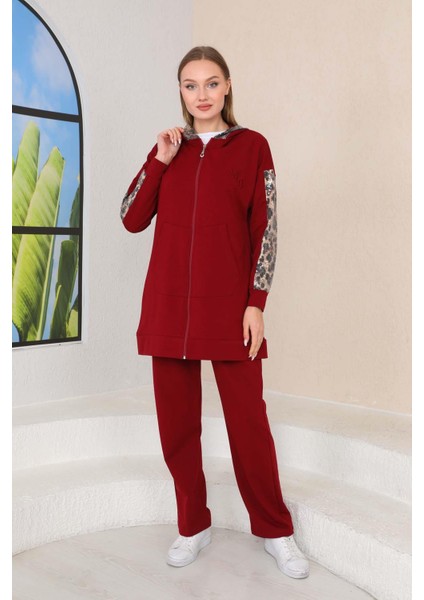 Kadın Leopar Pul Payet Detaylı Bordo Renk 3 Lü Spor Takım fiyatları