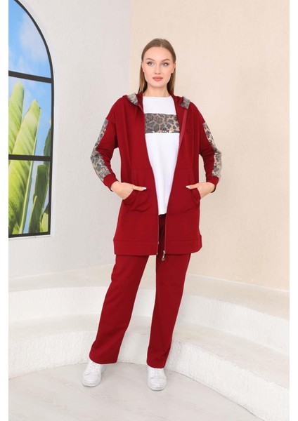 Kadın Leopar Pul Payet Detaylı Bordo Renk 3 Lü Spor Takım modelleri