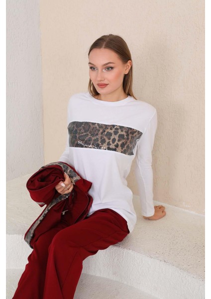 Kadın Leopar Pul Payet Detaylı Bordo Renk 3 Lü Spor Takım fırsatları