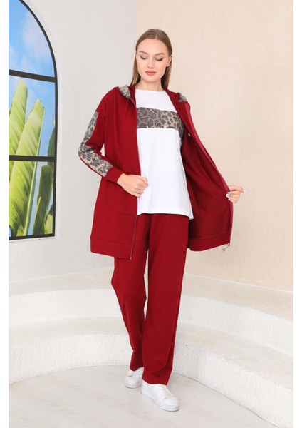 Kadın Leopar Pul Payet Detaylı Bordo Renk 3 Lü Spor Takım indirimleri