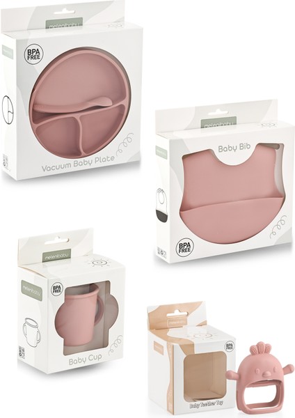 5'li Set Silikon Mama Önlüğü Kulplu Bardak Vakumlu Tabak Mama Kaşığı ve Bebek Diş Kaşıyıcı Pembe indirimleri