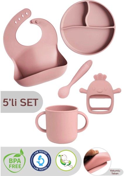 5'li Set Silikon Mama Önlüğü Kulplu Bardak Vakumlu Tabak Mama Kaşığı ve Bebek Diş Kaşıyıcı Pembe