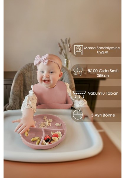 5'li Set Silikon Mama Önlüğü Kulplu Bardak Vakumlu Tabak Mama Kaşığı ve Bebek Diş Kaşıyıcı Pembe modelleri