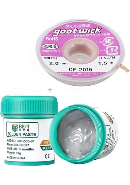 BST-506-JP Krem Lehim Sıvı Lehim Solder Paste 50GR Lehim Emme Temizleme Teli 2mm