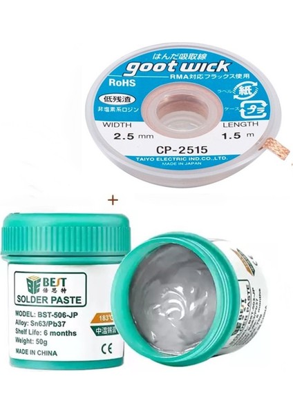 BST-506-JP Krem Lehim Sıvı Lehim Solder Paste 50GR Lehim Emme Temizleme Teli 2,5mm