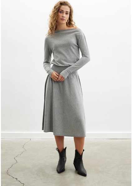 Styleboom x Peraluna Mayfaır Dress Yaka Büzgü Detaylı Tek Omuz Açık Kadın Triko Elbise - Gri Melanj