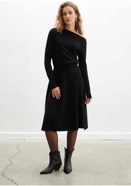 Styleboom x Peraluna Mayfaır Dress Yaka Büzgü Detaylı Tek Omuz Açık Kadın Triko Elbise - Siyah