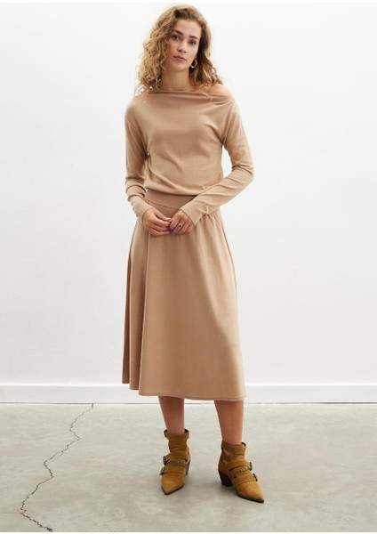 Styleboom x Peraluna Mayfaır Dress Yaka Büzgü Detaylı Tek Omuz Açık Kadın Triko Elbise - Camel modelleri