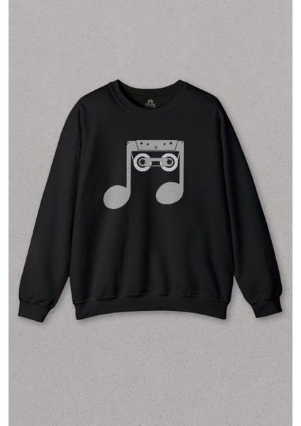 Siyah Sweatshirt Nostalji Kaset Kalem Müzik Nota Sol Anahtarı Baskılı Unisex Sweat