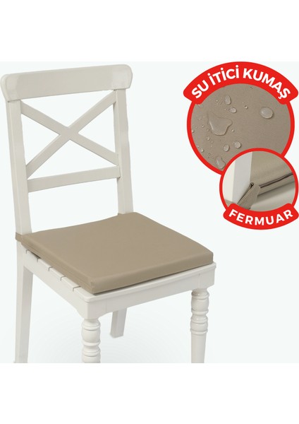 Fermuarlı Sandalye Minderi Su Itici Kumaş 40X40 cm Sünger Sandalye Minderi Bağcıklı Bej