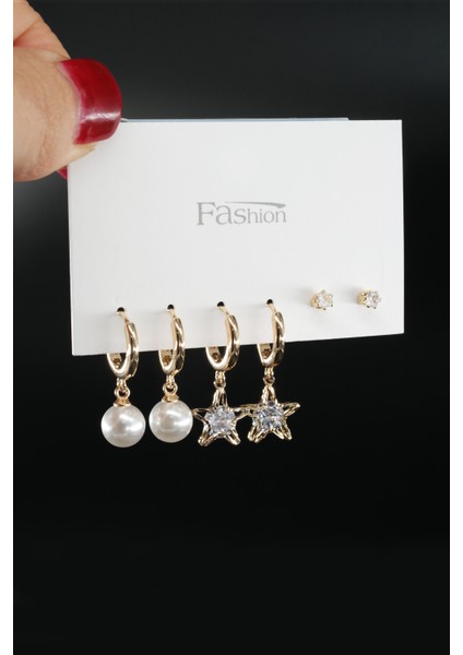 Kadın Vip Seri Özel Tasarım Baget Zirkon Taşlı 6'lı Küpe Seti