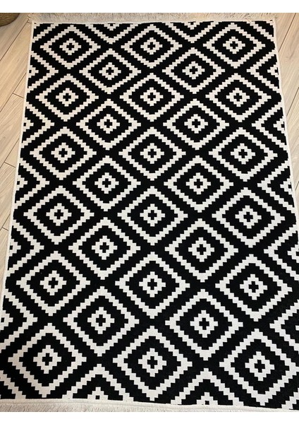 Kilim Çift Taraflı Pamuklu Dokuma Yıkanabilir Modern Kilim Siyah Beyaz