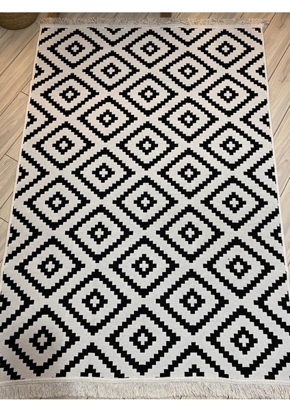 Kilim Çift Taraflı Pamuklu Dokuma Yıkanabilir Modern Kilim Siyah Beyaz