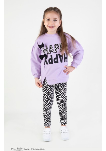Kız Çocuk Pamuklu Zebra Desen Orta Kalınlıkta Taytlı Alt-Üst Takım