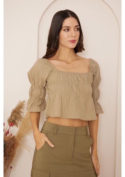 Haki Büzgülü Crop Bluz DM7001