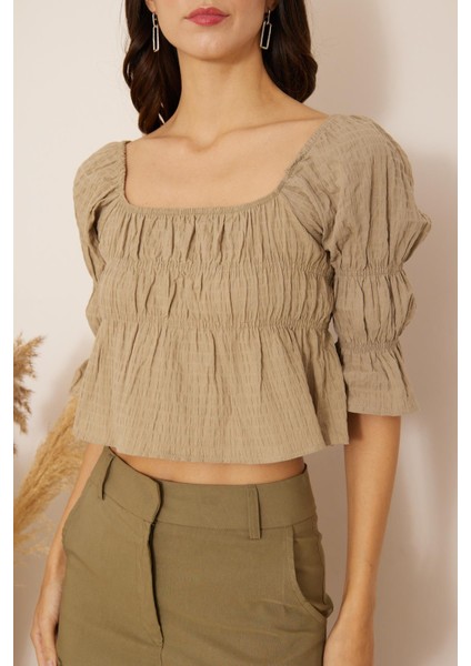 Haki Büzgülü Crop Bluz DM7001 fırsatları