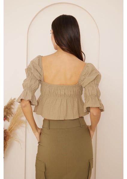 Haki Büzgülü Crop Bluz DM7001 indirimleri