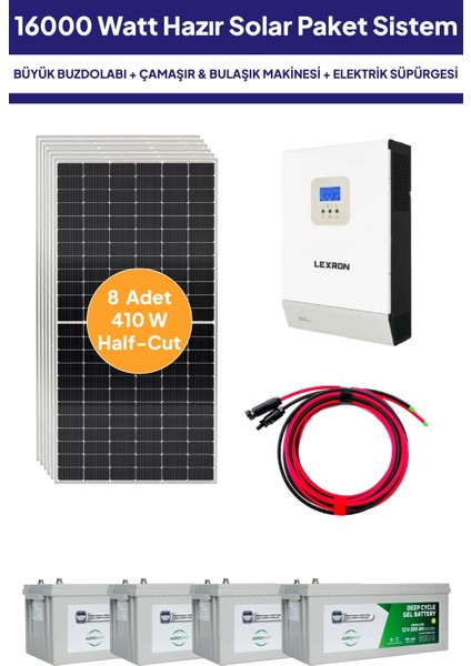 16 Kw 16000 Watt Güneş Enerjisi Hazır Solar Paket Sistem Half Cut Güneş Panelli