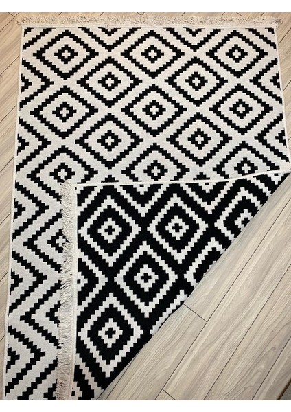 Kilim Çift Taraflı Pamuklu Dokuma Yıkanabilir Modern Kilim Siyah Beyaz