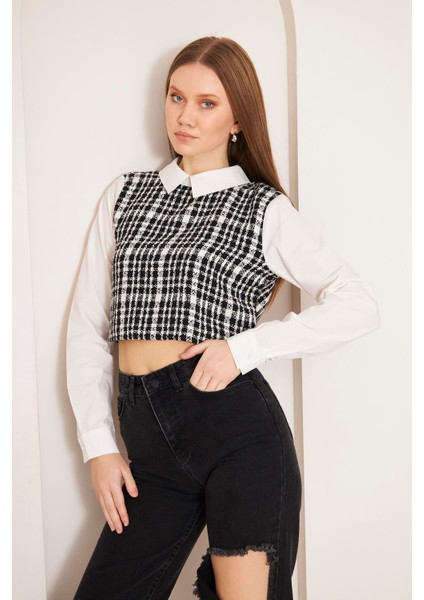 Siyah Tweed Gömlek Yaka Crop Bluz DM9002