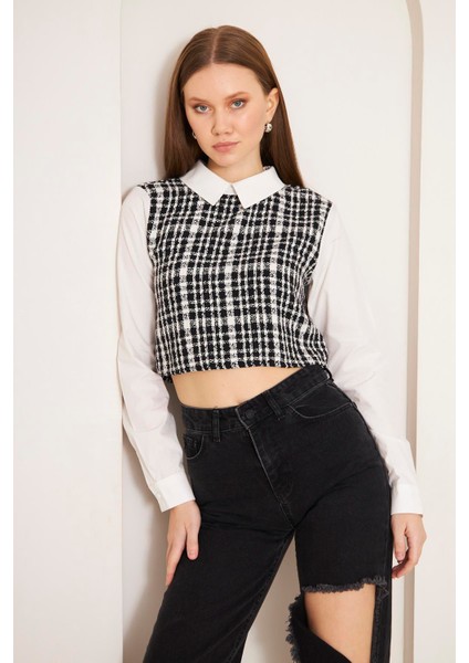 Siyah Tweed Gömlek Yaka Crop Bluz DM9002 fiyatları