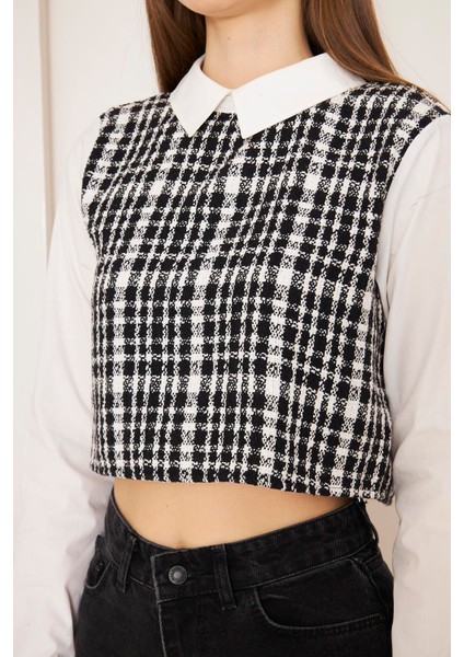 Siyah Tweed Gömlek Yaka Crop Bluz DM9002 modelleri