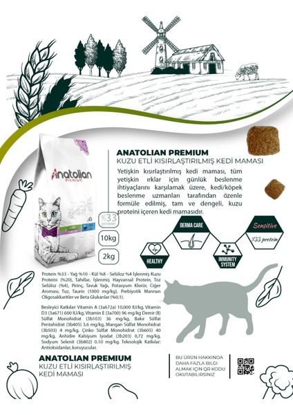 Anatolian Premium Sterilised Lamb Kuzulu Kısır Kedi Maması 10 kg