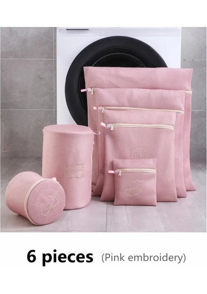 Pembe 6 Parça Set Stili 1 Takım Nakış Çamaşır Torbası Yıkama Sutyen Iç Çamaşırı Yıkama Torbaları Polyester Örgü Çamaşır Sepeti Ev Katlanabilir Yıkama Kitleri (Yurt Dışından)