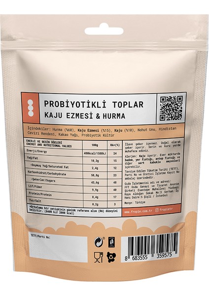 Hindistan Cevizi Kaplı, Kaju Ezmesi & Hurmalı Probiyotik Topları - 80 g