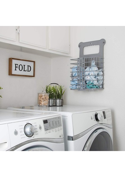 Gri Büyük Stil Yeni Katlanır Ev Çamaşır Sepet Sepet Raf Duvara Monte Kirli Giysiler Depolama Organizatör Plast Raf Tutucu (Yurt Dışından) indirimleri