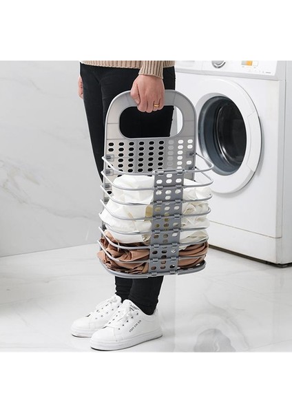 Gri S Stili Yükseltilmiş Plastik Kirli Çamaşır Sepeti Katlanabilir Ev Kirli Sepet 2 Sondaj Kancasız Sağlam Sap (Yurt Dışından)