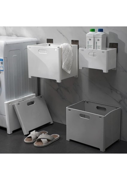 Küçük Gri Tarzı Katlanabilir Duvara Monte Çamaşır Sepeti Delme Ücretsiz Plastik Kirli Giysiler Depolama Sepeti Ev Banyo Sepet Organizatör (Yurt Dışından)