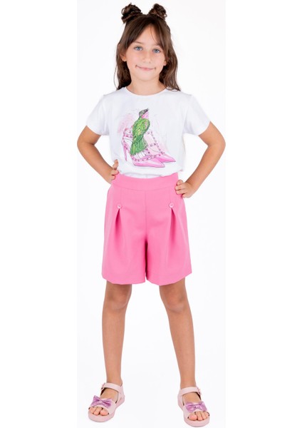 Kız Çocuk Belli Latikli Süs Düğmeli Pileli Şort