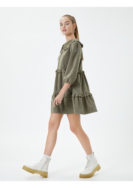 Fitilli Kadife Mini Elbise 3/5 Kol Bebe Yaka Fırfır Detaylı Katlı