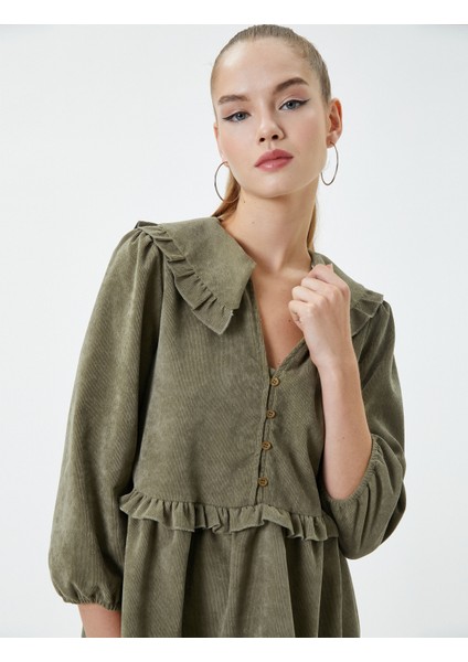 Fitilli Kadife Mini Elbise 3/5 Kol Bebe Yaka Fırfır Detaylı Katlı fiyatları