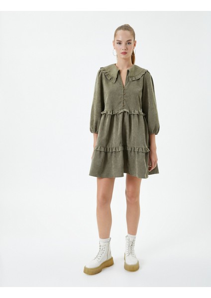 Fitilli Kadife Mini Elbise 3/5 Kol Bebe Yaka Fırfır Detaylı Katlı modelleri