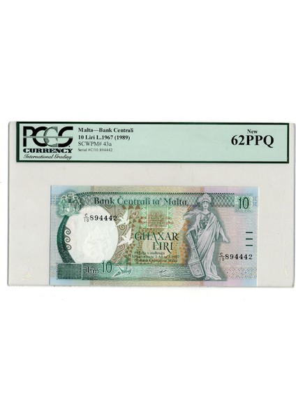 Malta 10 Liri 1967 (1989) Pick # 43A Pcgs 62 Unc Çil Sertifikali Banknot