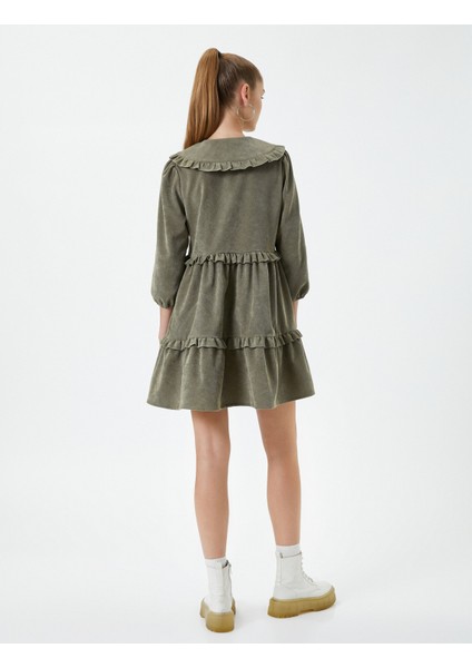 Fitilli Kadife Mini Elbise 3/5 Kol Bebe Yaka Fırfır Detaylı Katlı fırsatları