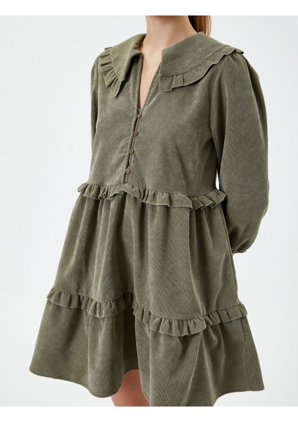 Fitilli Kadife Mini Elbise 3/5 Kol Bebe Yaka Fırfır Detaylı Katlı indirimleri