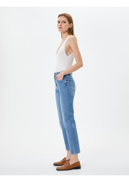 Düz Paça Kot Pantolon Standart Bel Pamuklu Esnek Cepli - Eve Slim Jean