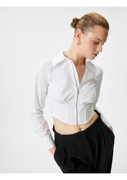 Crop Gömlek Fermuarlı Korse Detaylı Pamuklu